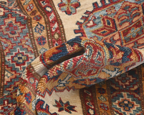 12 Feet Beige Kazak Afghan Hand Knotted Wool Runner Rug